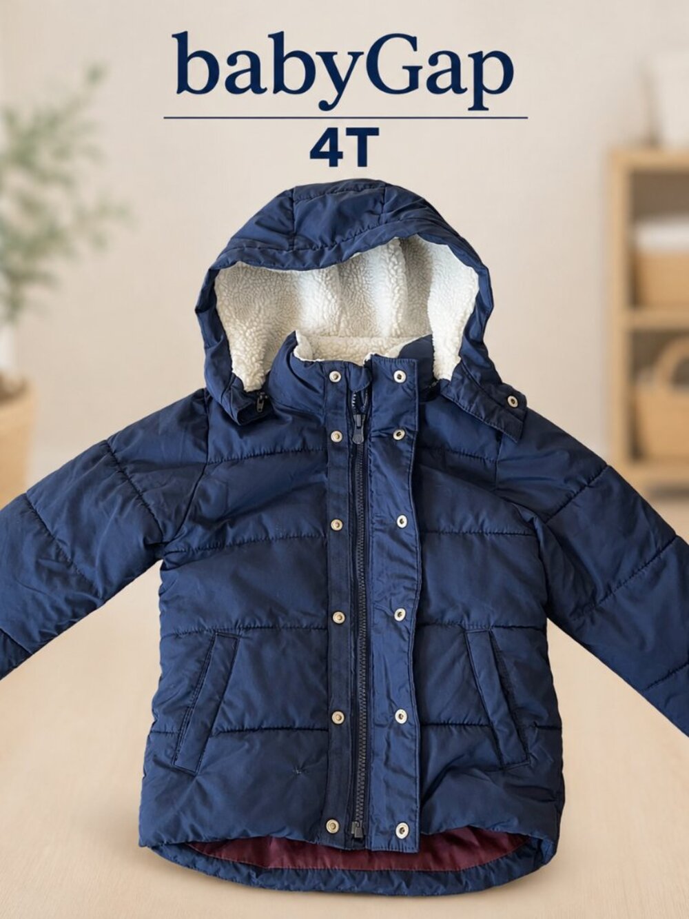 Baby Gap Boys 4T Navy Blue Puffer Winter Coat Sherpa Hood